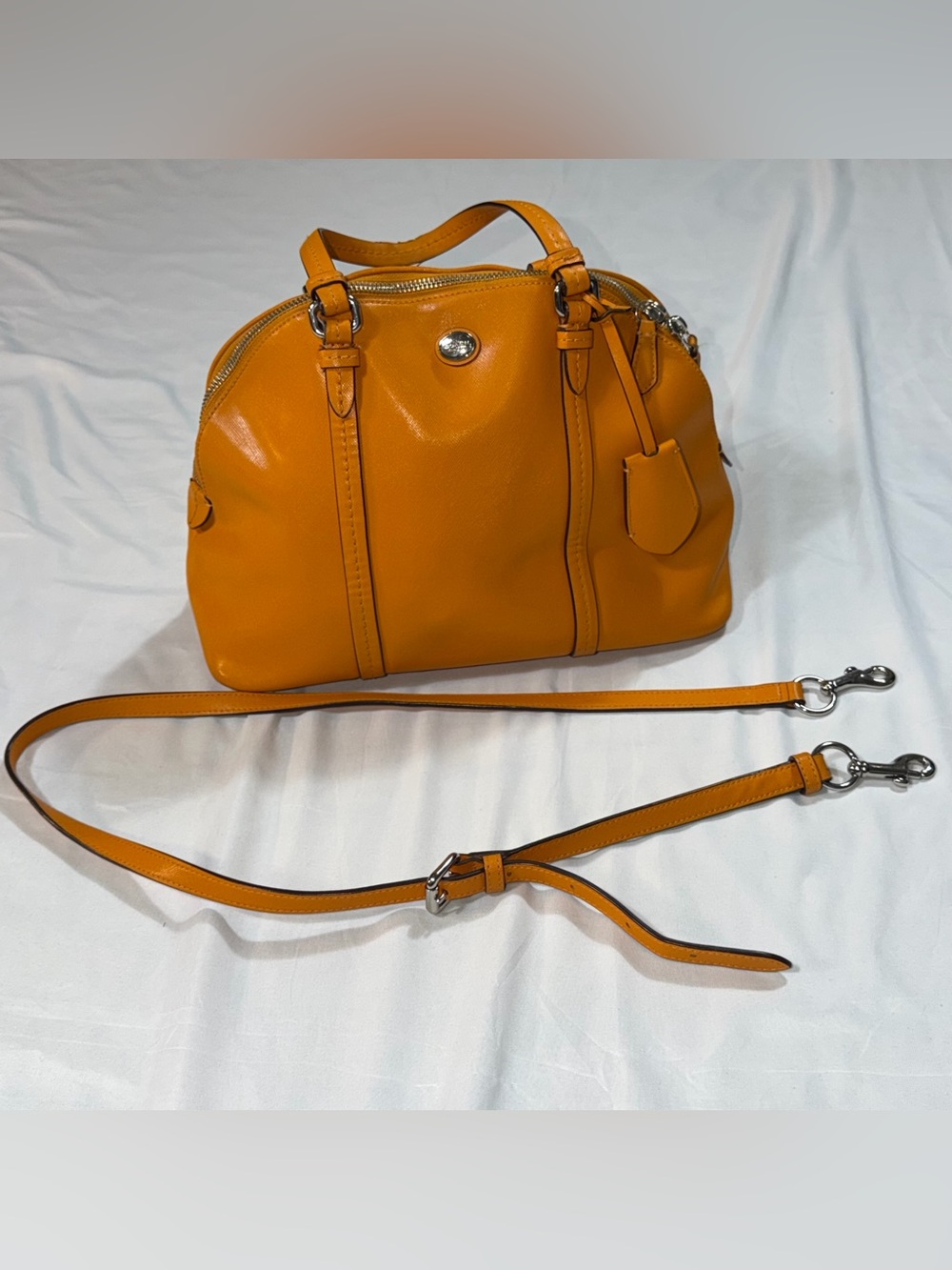 Coach Peyton Cora Domed Satchel Orange Saffiano Leather Crossbody Bag F25671 - Picture 1 of 16